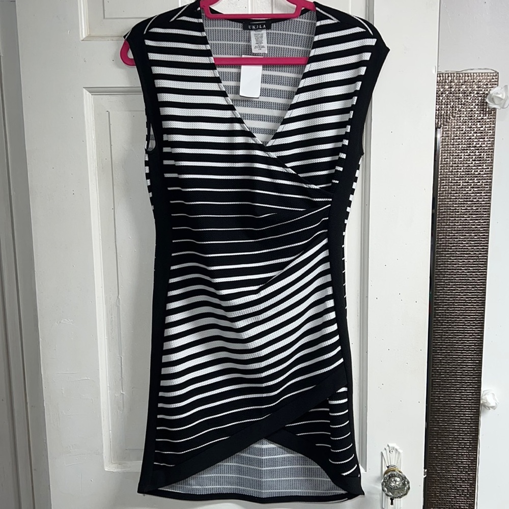 Black white stripe work dress surplice cross front mini size large
